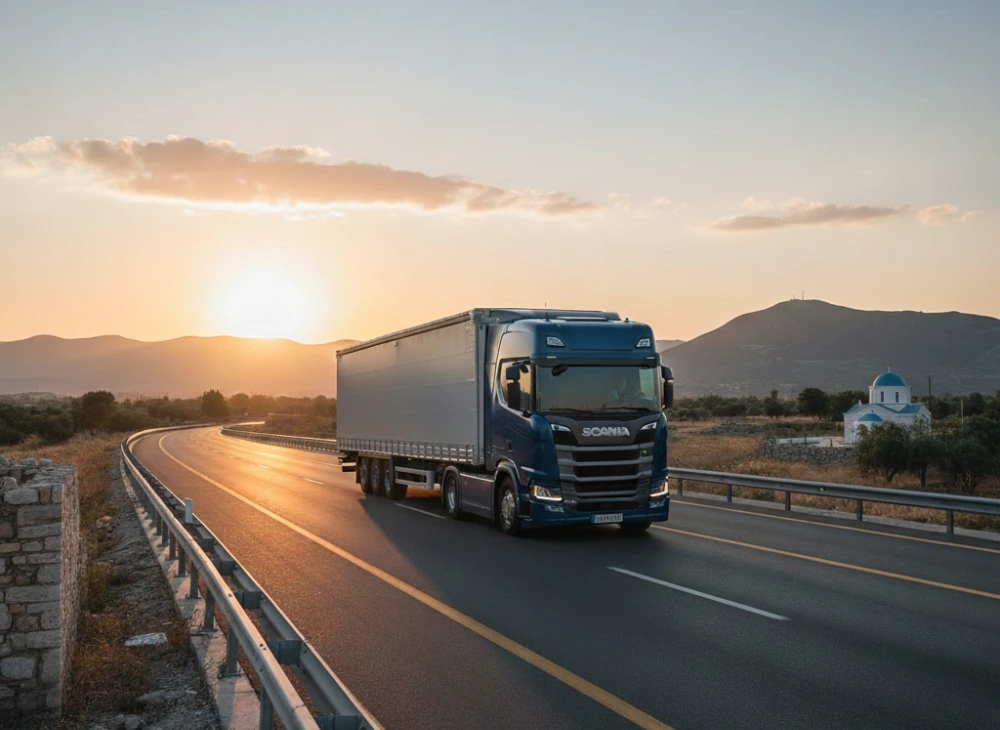 λευκό φορτηγό της εταιρείας Katsouris Ltd σε εθνική οδό